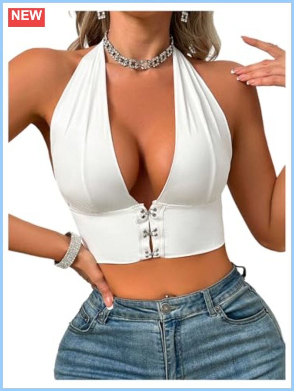 Women Halter Corset Crop Tank Top Button Front Open Back Sleeveless Summer